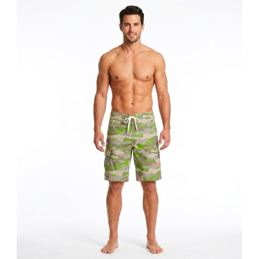 Anchor Blue Green Camo Board Shorts 36 Cargo Pocket Y2K Surf Swim Trunks Vintage